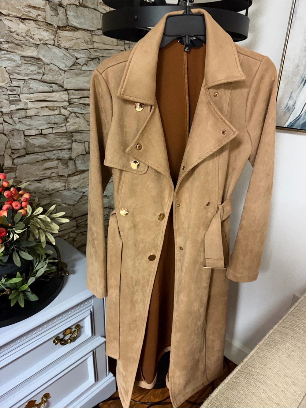 Fashion Nova Suede-Look Tan Trench Coat with Gold Buttons